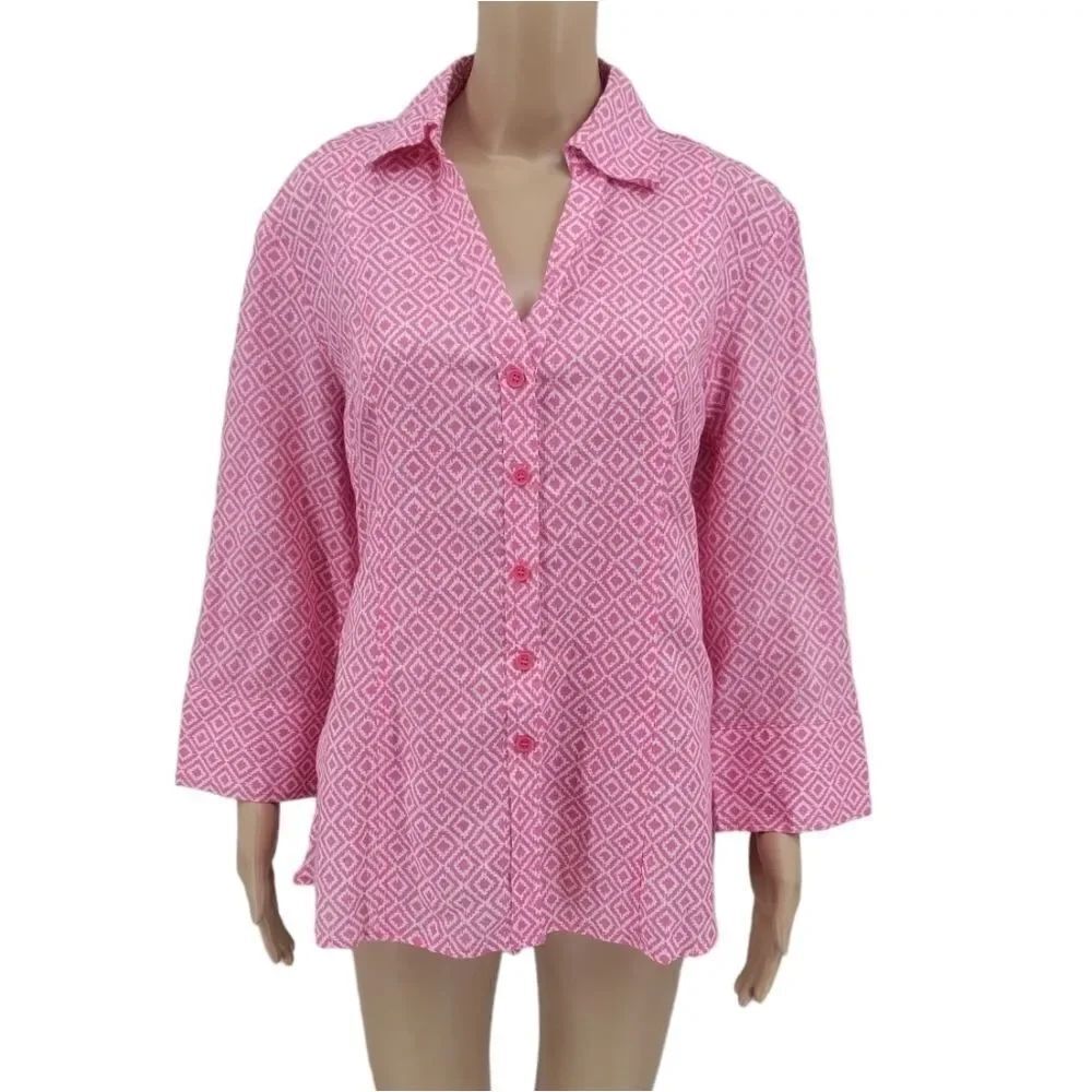 GRAND & Greene Women's XL Pink Linen Blend Button Up Blouse